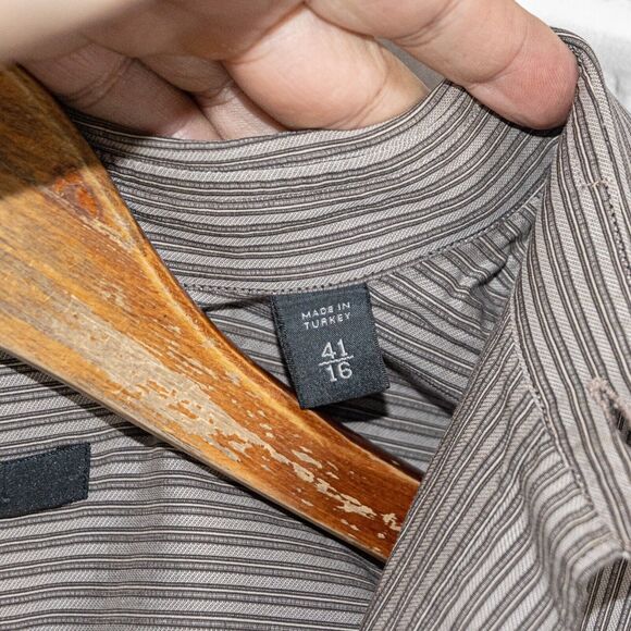 Z Zegna Men's City Fit Button up Shirt in Gray tan striped cotton size 16 - Picture 7 of 7